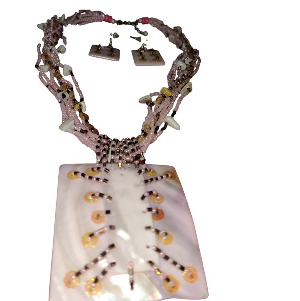New Hand Crafted Statement Necklace/Earrings Pink… - image 8